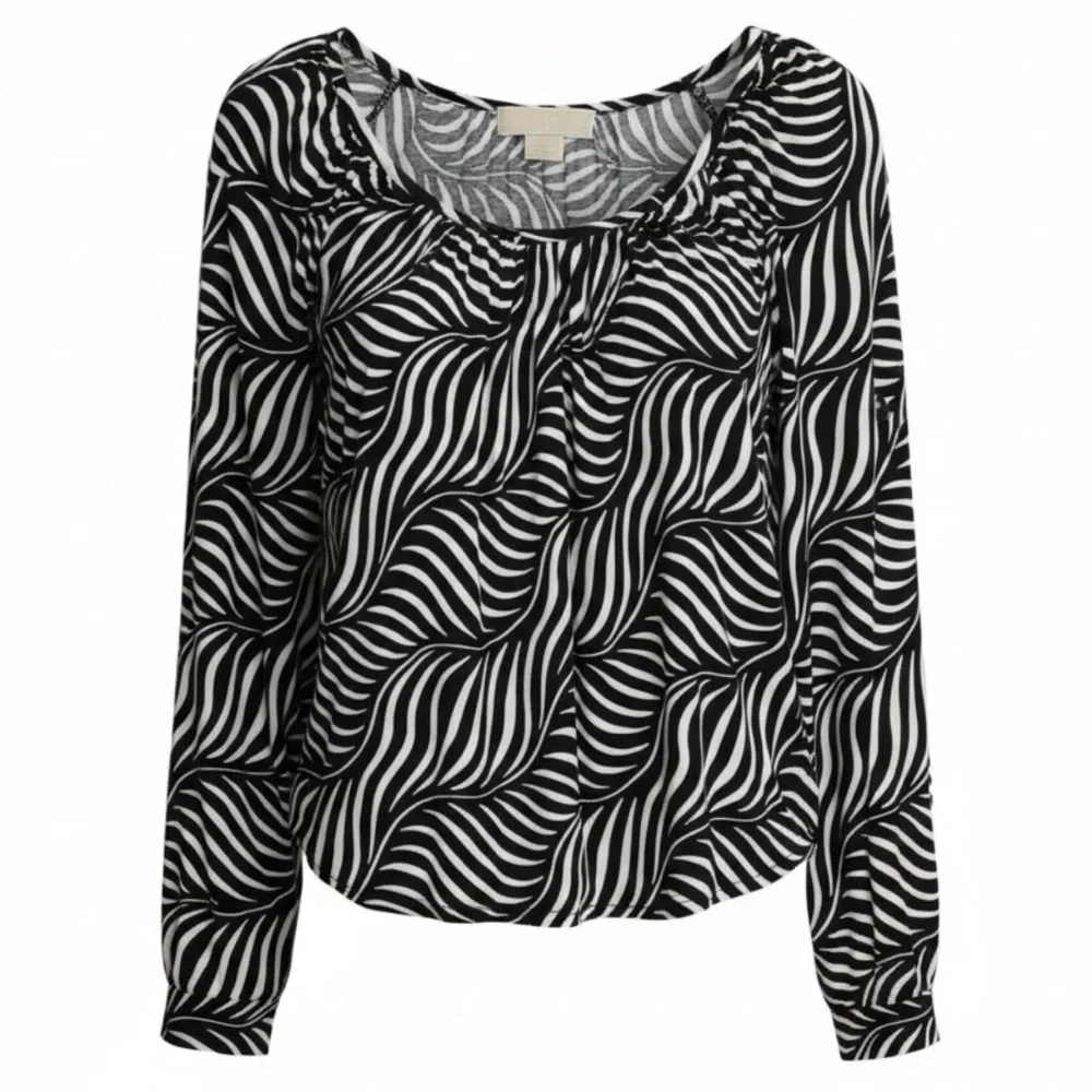 Michael Kors Ruched Round Neck Black White Zebra Print Long Sleeve Soft Blouse L